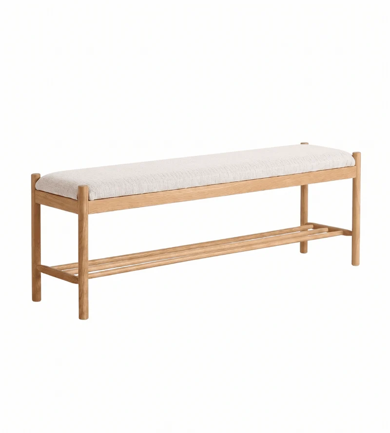 Panca Mathew in rovere con seduta imbottita color beige 140x35x45 cm