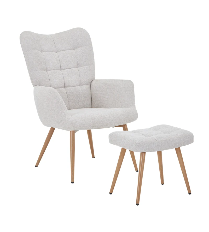 Poltrona Robert con poggiapiedi - tessuto beige con effetto rovere