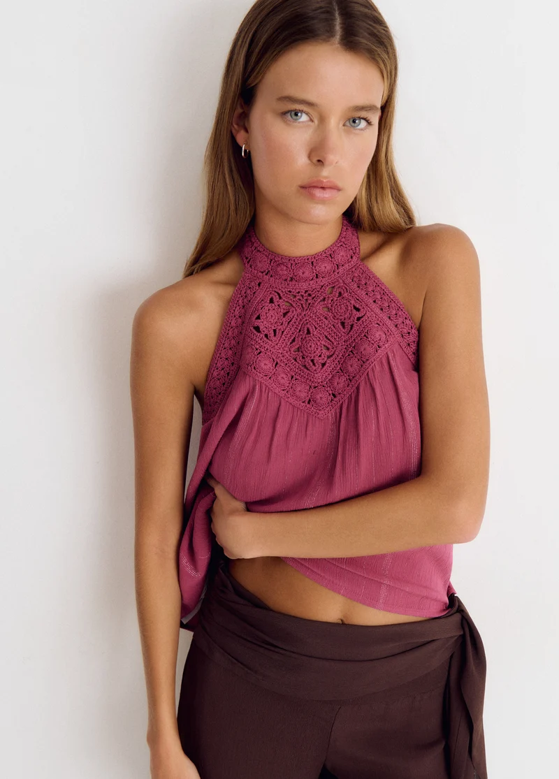 Halter top with crochet neckline