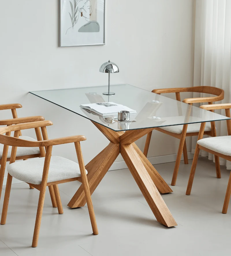 Sidney - Tavolo da pranzo in vetro con gambe in rovere massiccio 150x90 cm