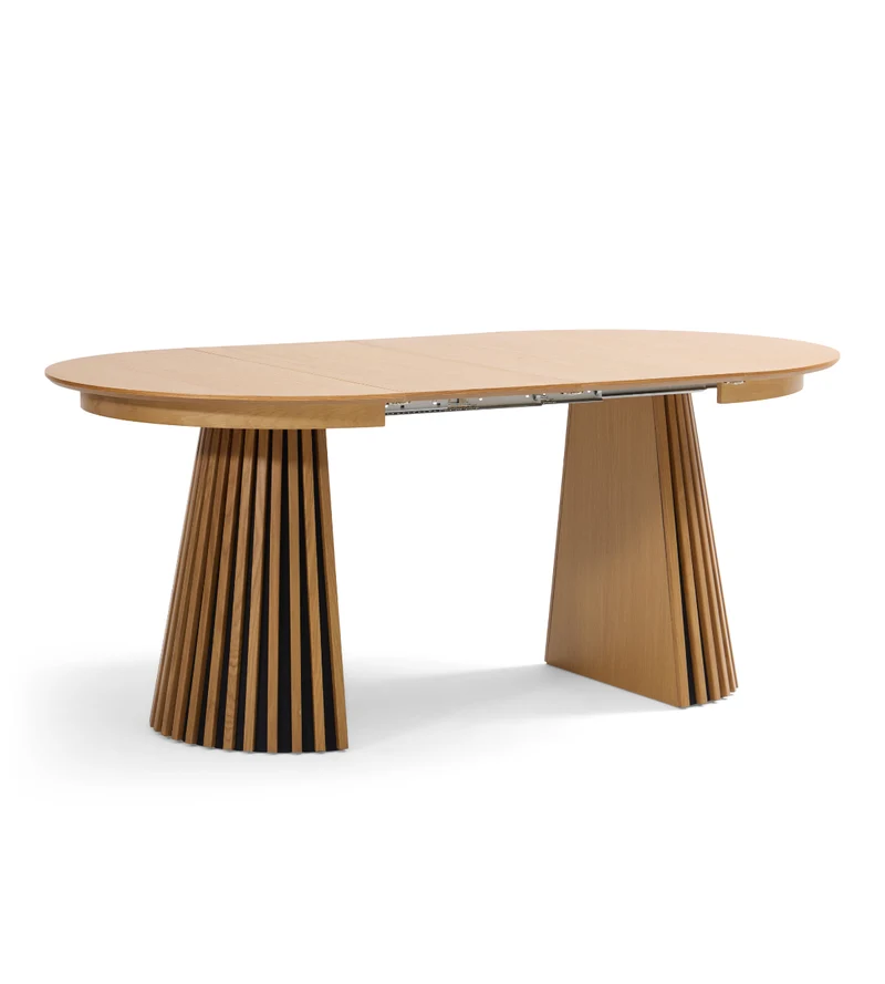 Lewis - Tavolo da pranzo rotondo a doghe impiallacciato in rovere con prolunga 100/140/180 cm - 2x prolunghe incluse