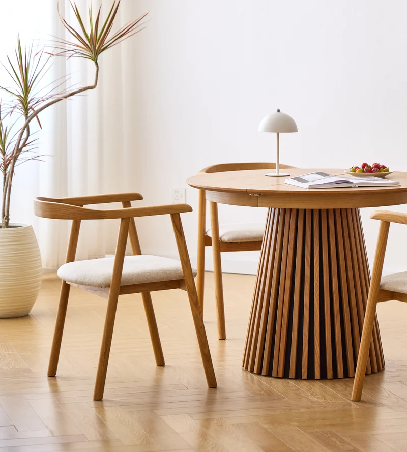 Lewis - Tavolo da pranzo rotondo a doghe impiallacciato in rovere con prolunga 100/140/180 cm - 2x prolunghe incluse