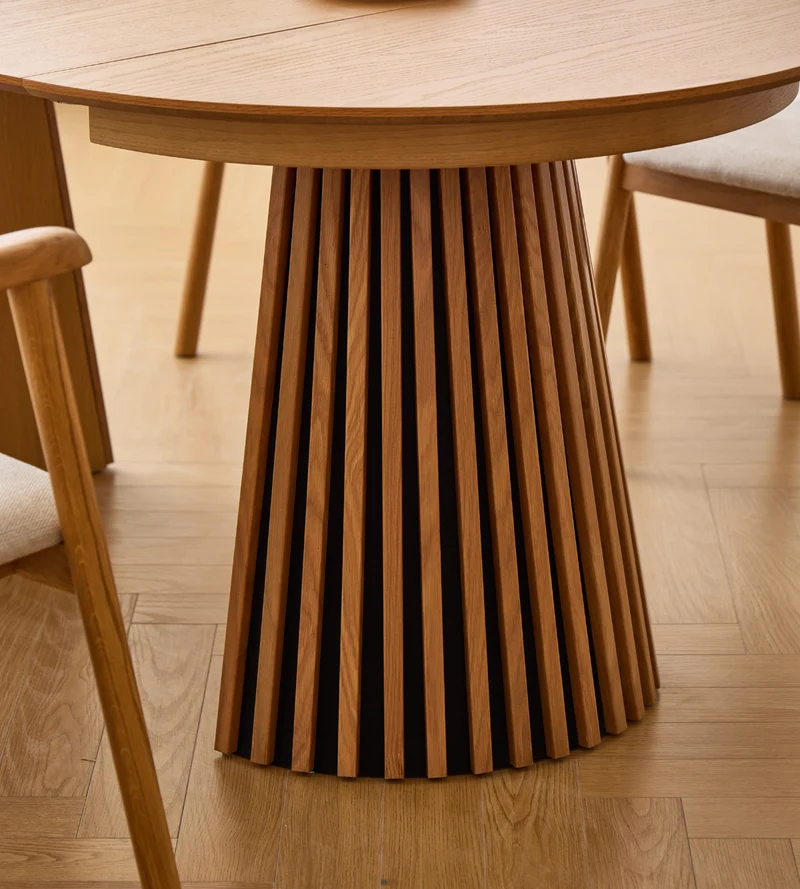 Lewis - Tavolo da pranzo rotondo a doghe impiallacciato in rovere con prolunga 100/140/180 cm - 2x prolunghe incluse