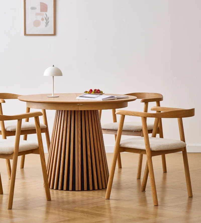 Lewis - Tavolo da pranzo rotondo a doghe impiallacciato in rovere con prolunga 100/140/180 cm - 2x prolunghe incluse