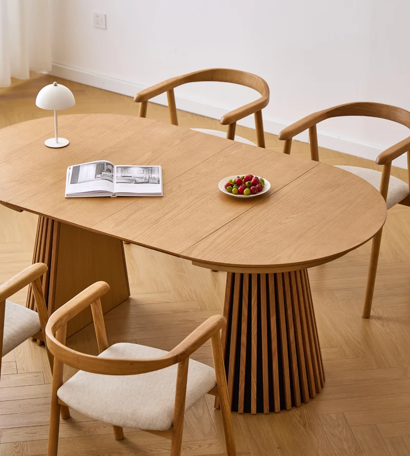 Lewis - Tavolo da pranzo rotondo a doghe impiallacciato in rovere con prolunga 100/140/180 cm - 2x prolunghe incluse