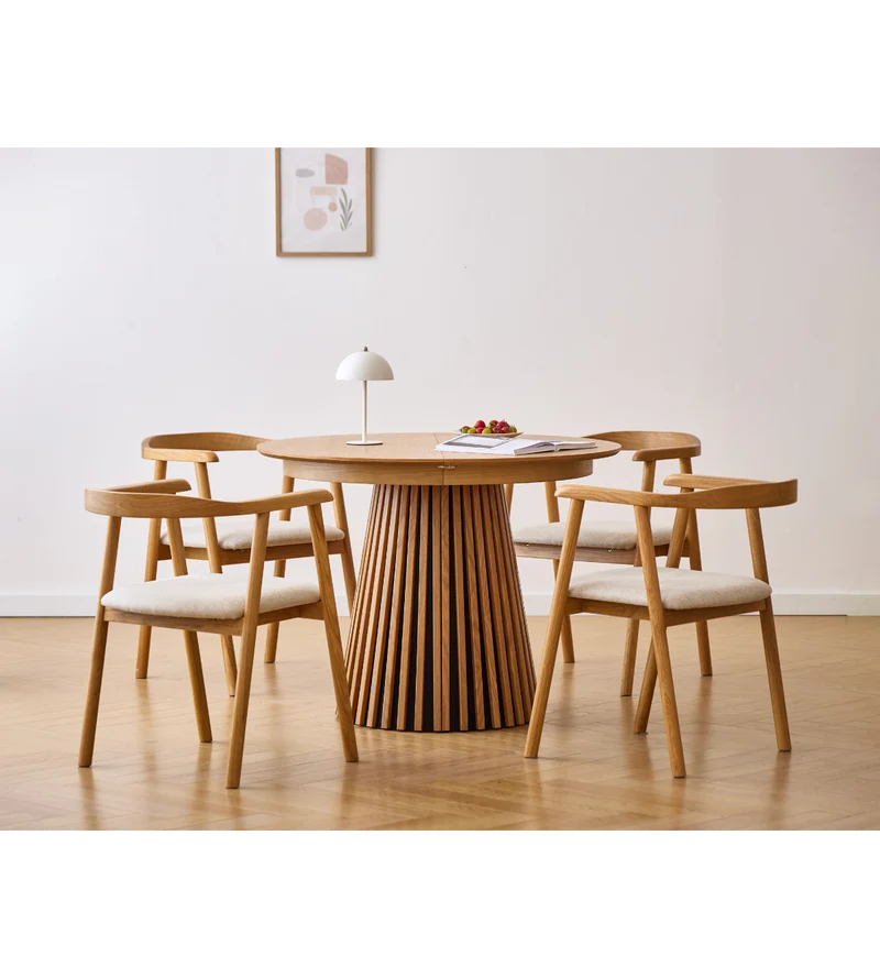 Lewis - Tavolo da pranzo rotondo a doghe impiallacciato in rovere con prolunga 100/140/180 cm - 2x prolunghe incluse