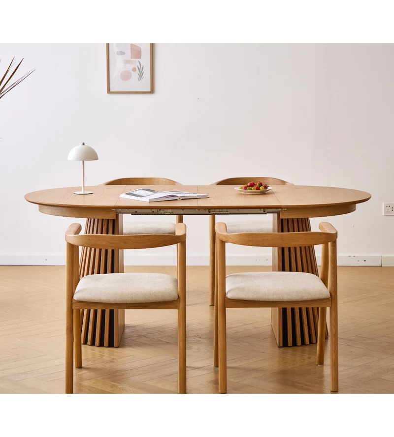 Lewis - Tavolo da pranzo rotondo a doghe impiallacciato in rovere con prolunga 100/140/180 cm - 2x prolunghe incluse