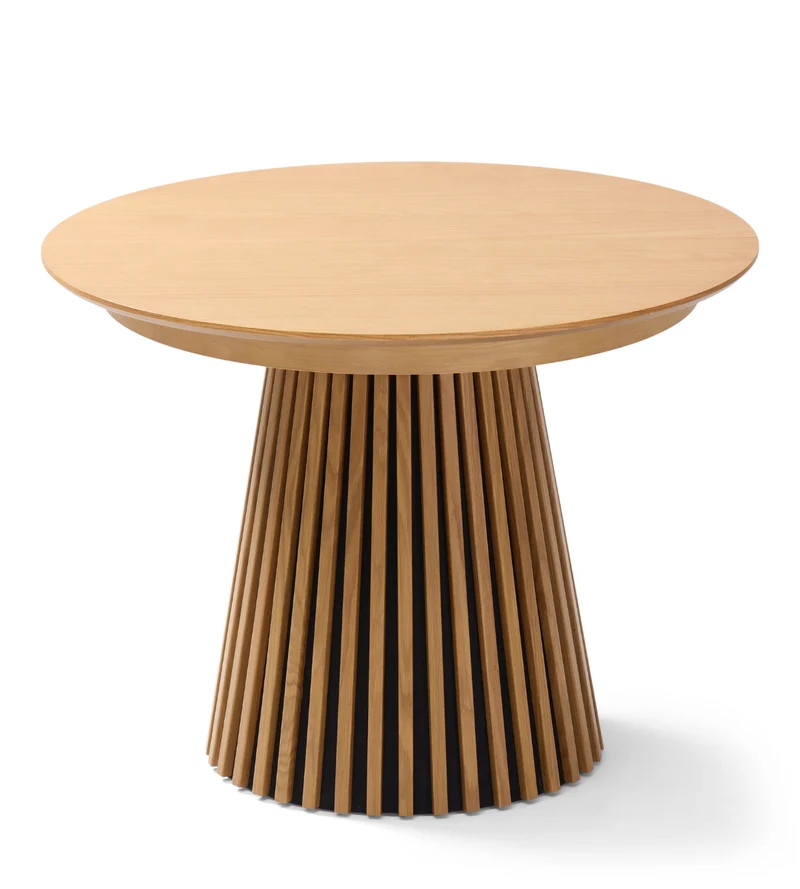 Lewis - Tavolo da pranzo rotondo a doghe impiallacciato in rovere con prolunga 100/140/180 cm - 2x prolunghe incluse