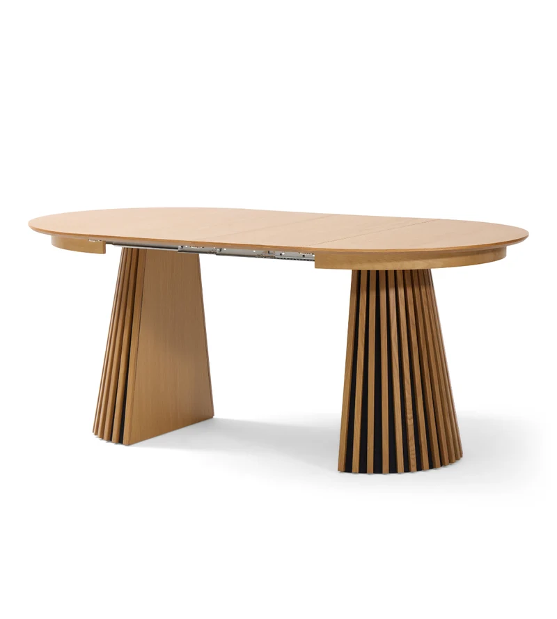 Lewis - Tavolo da pranzo rotondo a doghe impiallacciato in rovere con prolunga 100/140/180 cm - 2x prolunghe incluse