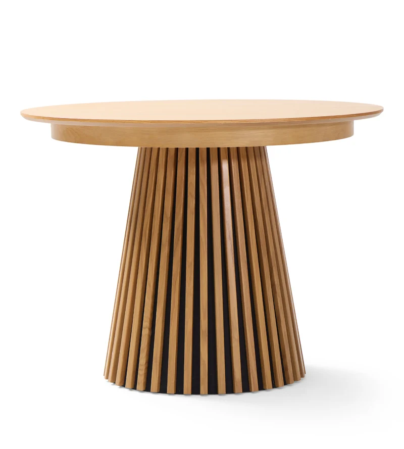 Lewis - Tavolo da pranzo rotondo a doghe impiallacciato in rovere con prolunga 100/140/180 cm - 2x prolunghe incluse