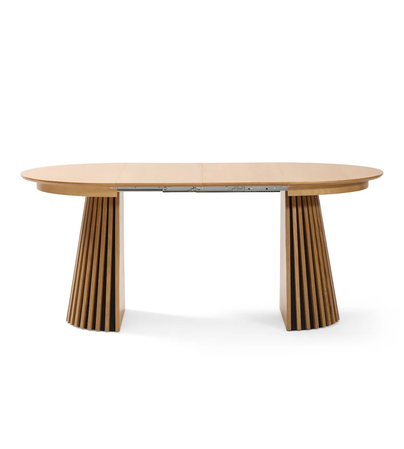 Lewis - Tavolo da pranzo rotondo a doghe impiallacciato in rovere con prolunga 100/140/180 cm - 2x prolunghe incluse