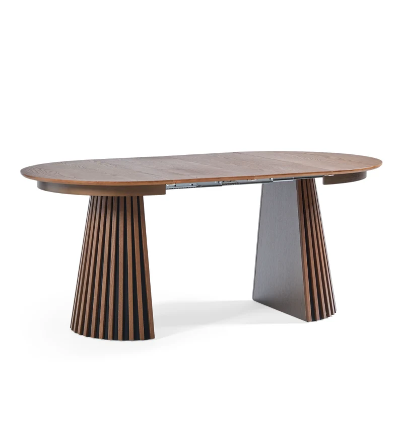 Lewis - Tavolo da pranzo rotondo a doghe impiallacciato rovere fumé con prolunga 100/140/180 cm - 2x prolunghe incluse