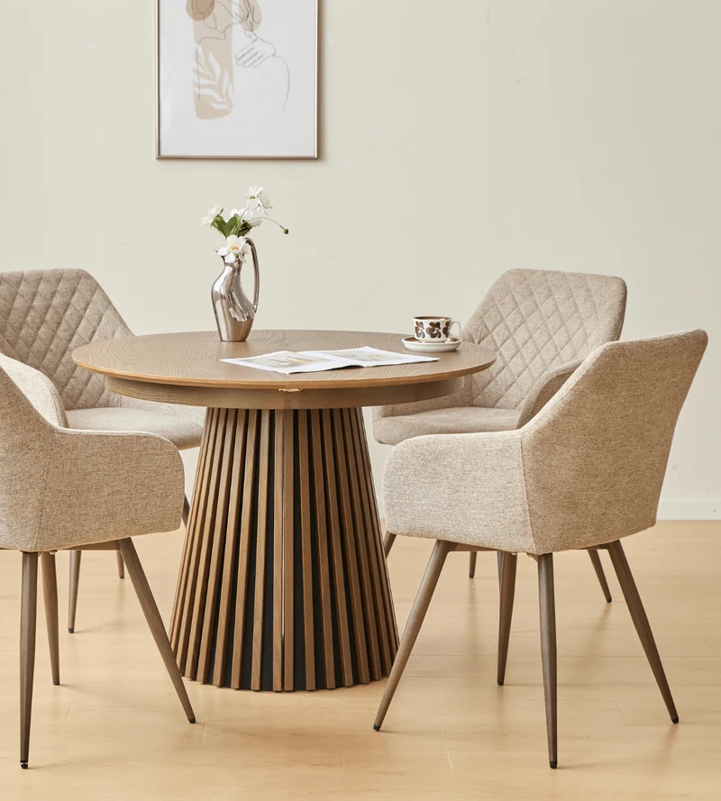 Lewis - Tavolo da pranzo rotondo a doghe impiallacciato rovere fumé con prolunga 100/140/180 cm - 2x prolunghe incluse