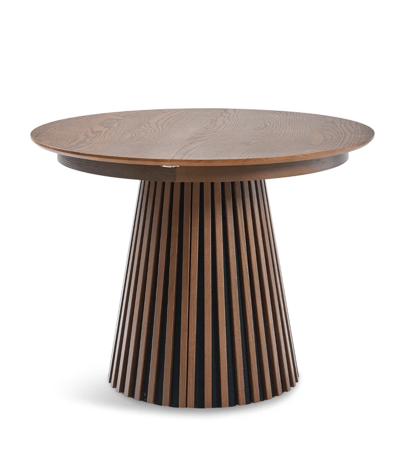 Lewis - Tavolo da pranzo rotondo a doghe impiallacciato rovere fumé con prolunga 100/140/180 cm - 2x prolunghe incluse