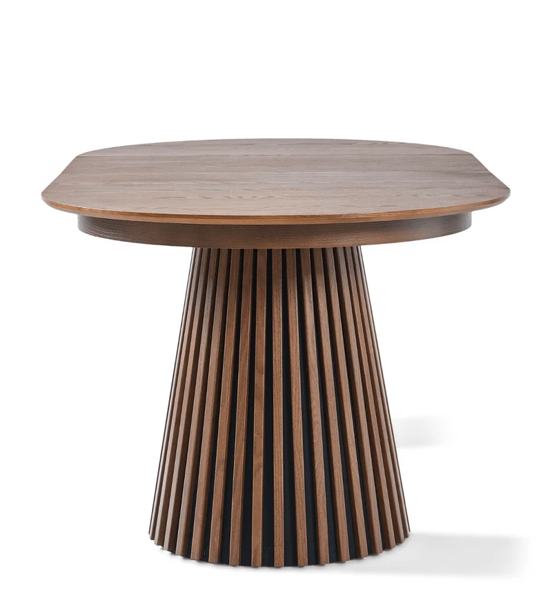 Lewis - Tavolo da pranzo rotondo a doghe impiallacciato rovere fumé con prolunga 100/140/180 cm - 2x prolunghe incluse