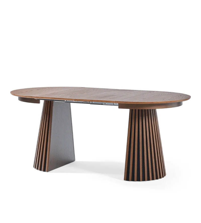 Lewis - Tavolo da pranzo rotondo a doghe impiallacciato rovere fumé con prolunga 100/140/180 cm - 2x prolunghe incluse