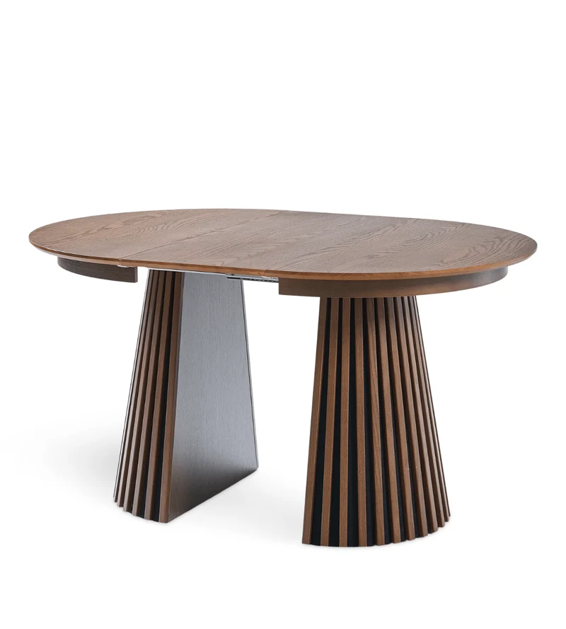 Lewis - Tavolo da pranzo rotondo a doghe impiallacciato rovere fumé con prolunga 100/140/180 cm - 2x prolunghe incluse