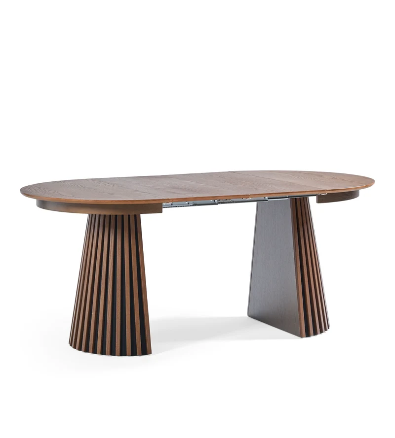 Lewis - Tavolo da pranzo rotondo a doghe impiallacciato rovere fumé con prolunga 100/140/180 cm - 2x prolunghe incluse
