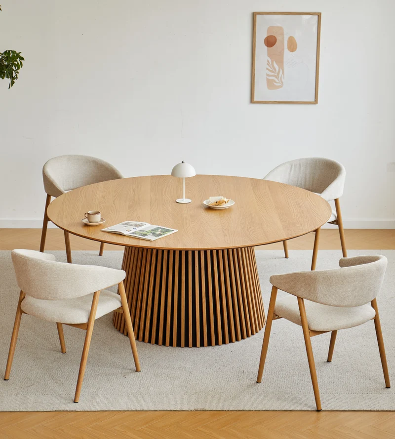Lewis - Tavolo da pranzo rotondo a lamelle in rovere impiallacciato, senza allunghe, 180 cm
