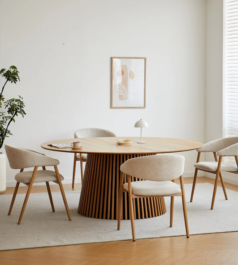 Lewis - Tavolo da pranzo rotondo a lamelle in rovere impiallacciato, senza allunghe, 180 cm