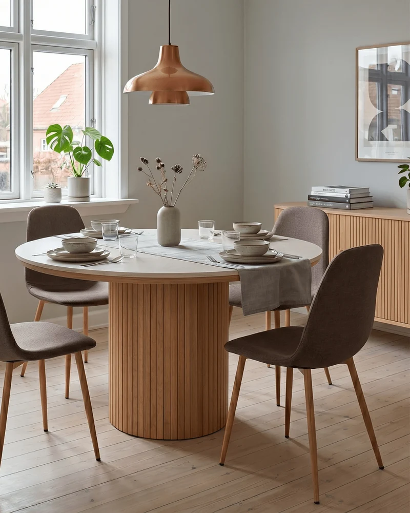 Tavolo da pranzo rotondo Enzo con piano in pietra beige e base a doghe in rovere Ø120 cm