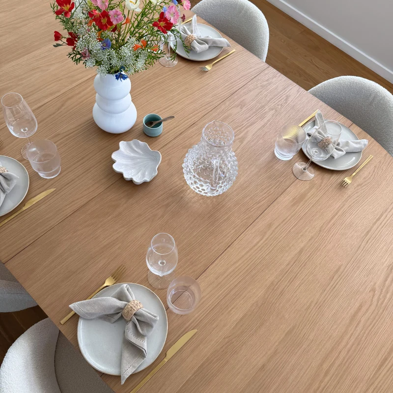 Lewis - Tavolo rotondo da pranzo in compensato di quercia con prolunga 150/190/230 cm - 2 pannelli supplementari inclusi