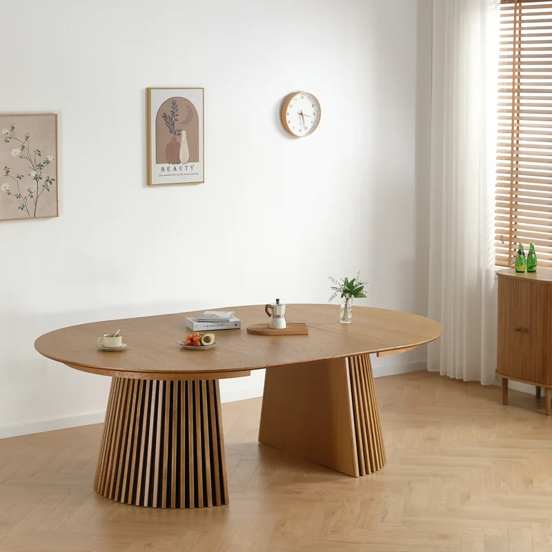 Lewis - Tavolo rotondo da pranzo in compensato di quercia con prolunga 150/190/230 cm - 2 pannelli supplementari inclusi