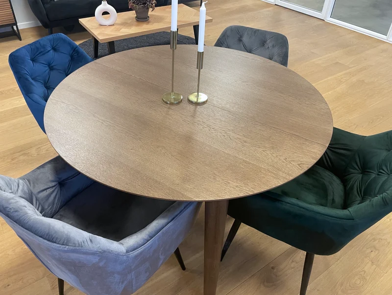 Tavolo da pranzo rotondo Liam in impiallacciatura di rovere affumicato con prolunga 120/160/200 cm - Incl. 2 prolunghe