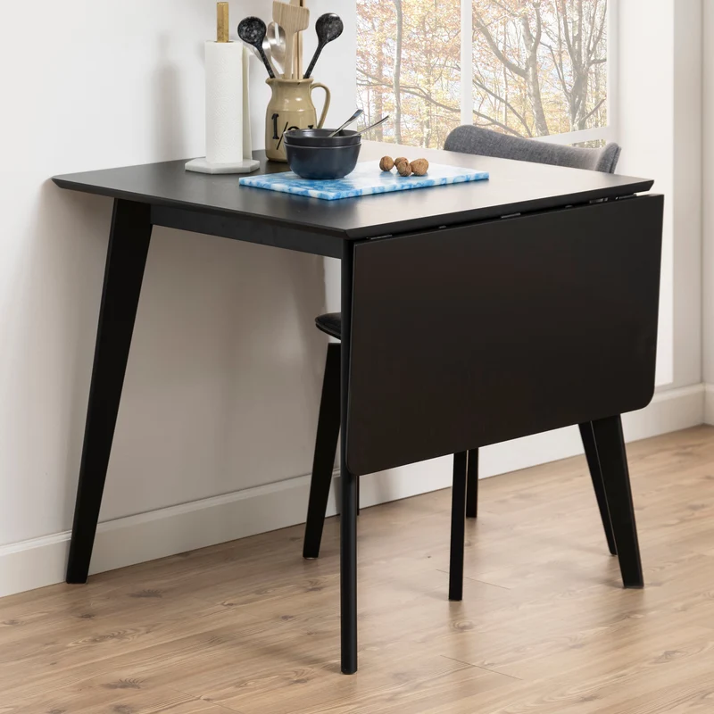 Rickie - Tavolo da pranzo a ribalta nero con piano aggiuntivo in impiallacciatura di rovere laccato nero - 80/120 x 80 cm