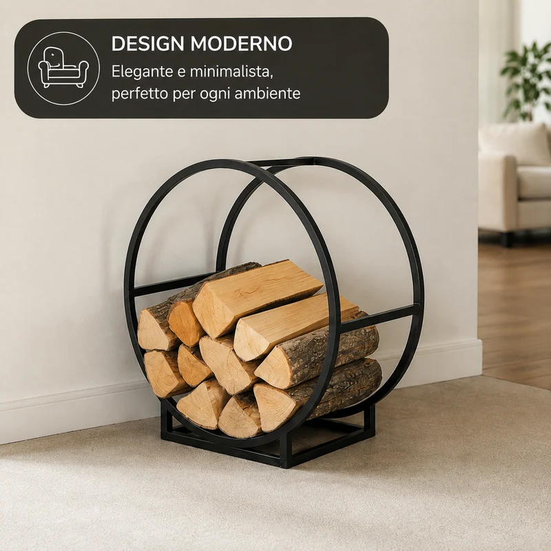 Portalegna Rotondo in Ferro e Acciaio Nero 50 x 25 x 51,5 cm Il Gruppone