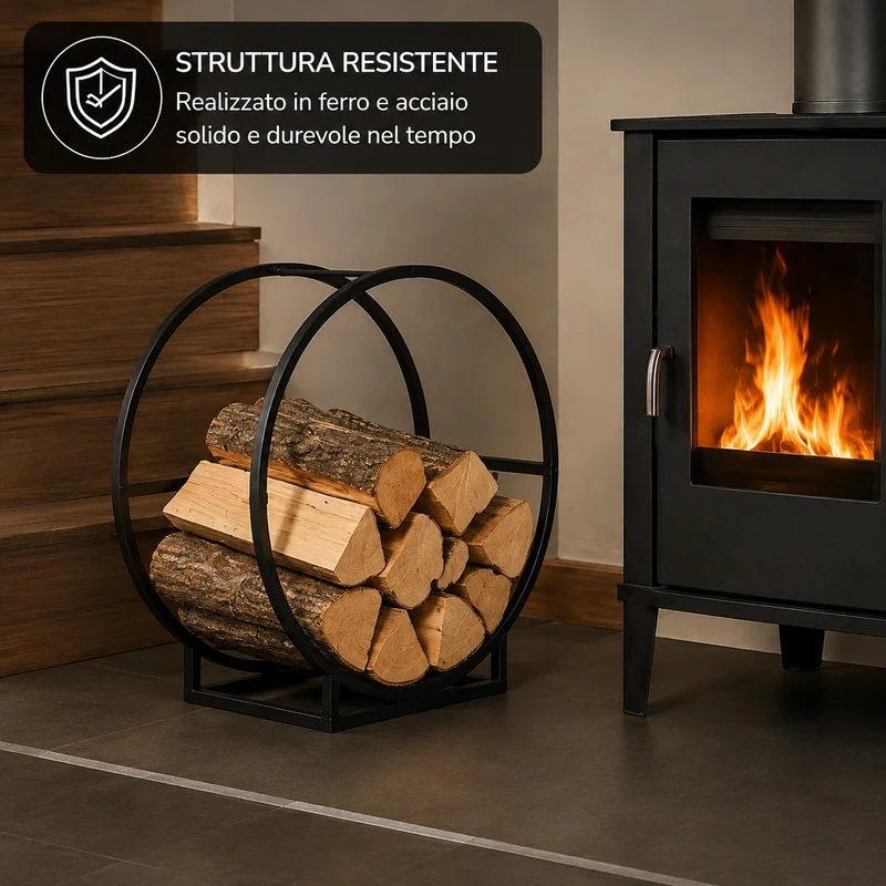 Portalegna Rotondo in Ferro e Acciaio Nero 50 x 25 x 51,5 cm Il Gruppone