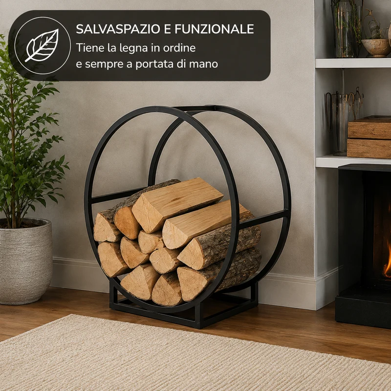 Portalegna Rotondo in Ferro e Acciaio Nero 50 x 25 x 51,5 cm Il Gruppone