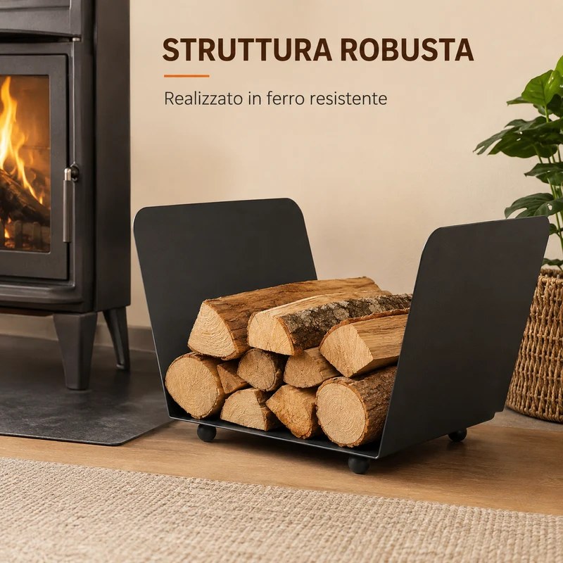 Portalegna in Ferro Nero 40 x 25 x 22 cm, Porta Legna da Interno per Camino Il Gruppone