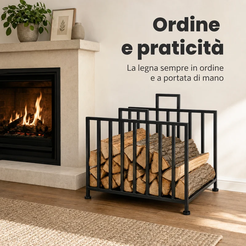 Portalegna da Interno in Ferro e Acciaio Nero 30 x 22 x 59,5 cm Il Gruppone