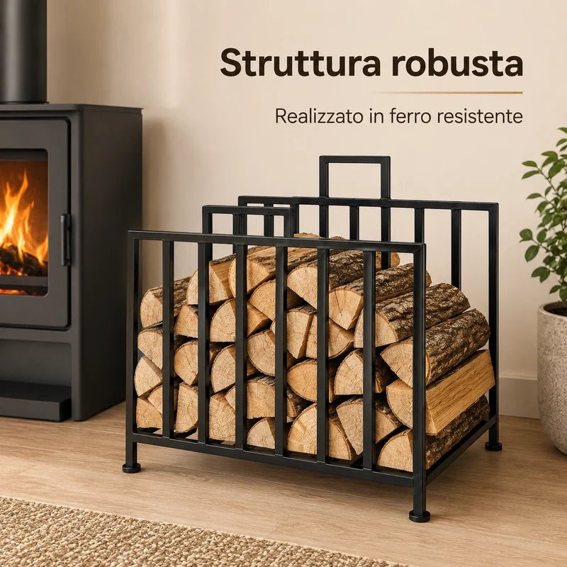 Portalegna da Interno in Ferro e Acciaio Nero 30 x 22 x 59,5 cm Il Gruppone