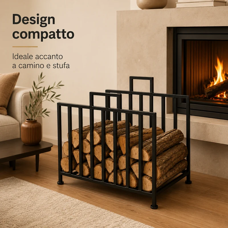 Portalegna da Interno in Ferro e Acciaio Nero 30 x 22 x 59,5 cm Il Gruppone