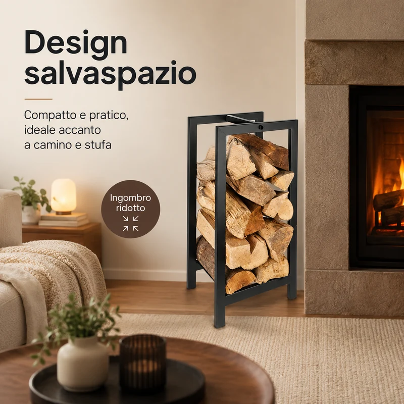 Portalegna da Interno in Ferro e Acciaio Nero 30 x 22 x 59,5 cm Il Gruppone