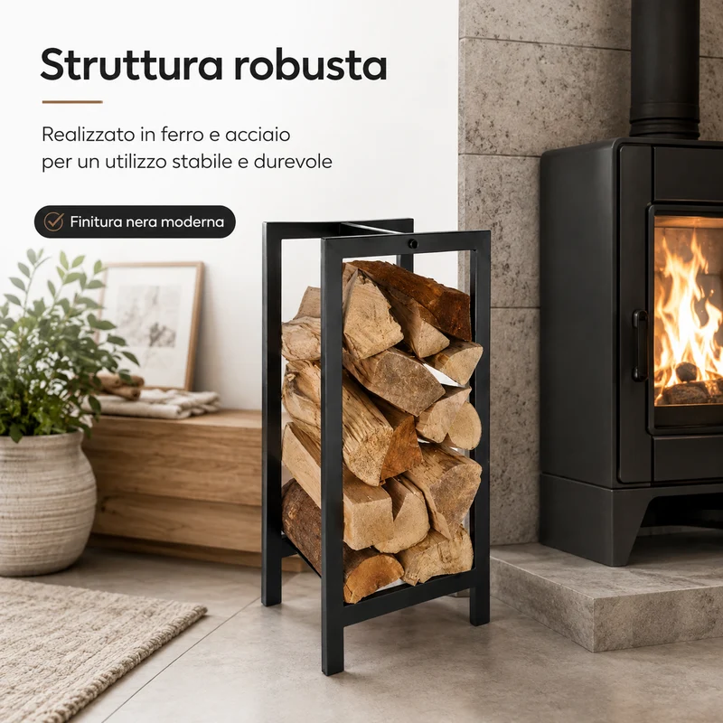 Portalegna da Interno in Ferro e Acciaio Nero 30 x 22 x 59,5 cm Il Gruppone
