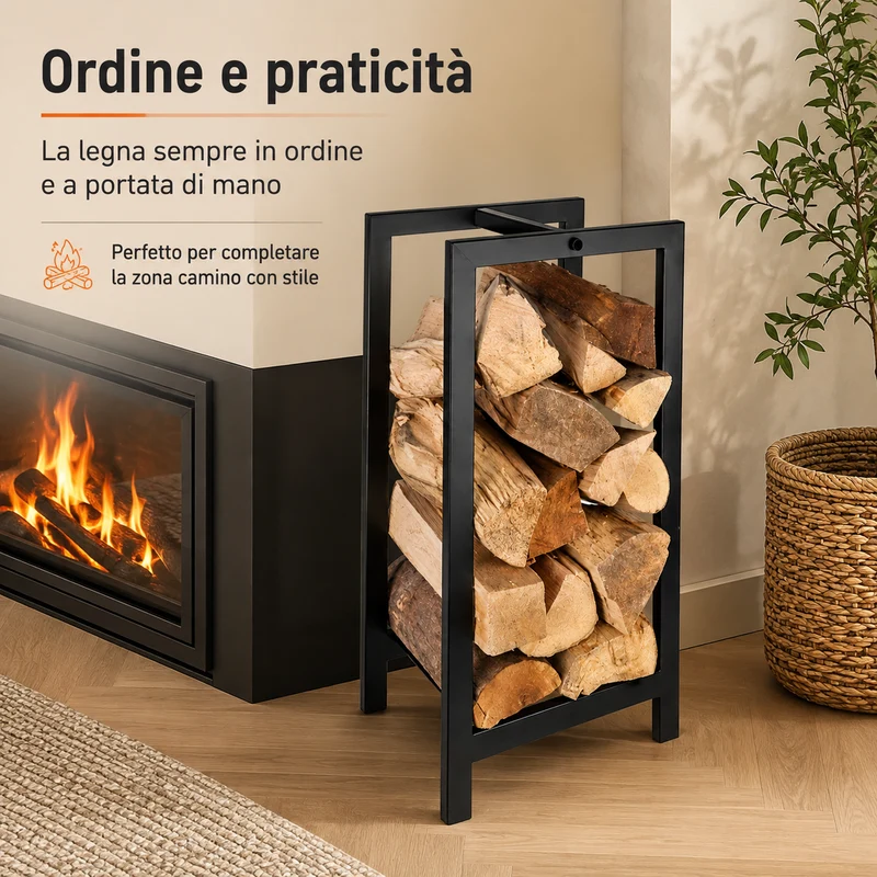Portalegna da Interno in Ferro e Acciaio Nero 30 x 22 x 59,5 cm Il Gruppone