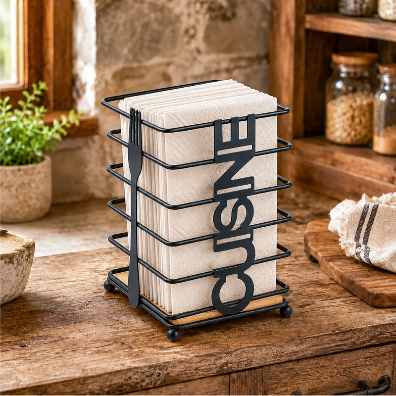 Porta Utensili da Cucina in Metallo Nero con Base in Legno Il Gruppone
