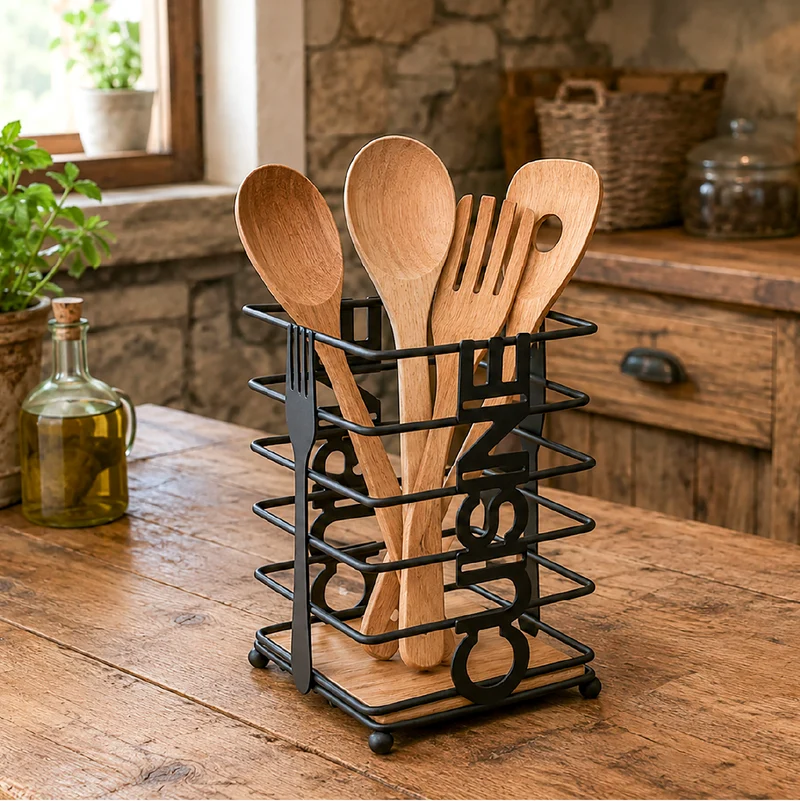 Porta Utensili da Cucina in Metallo Nero con Base in Legno Il Gruppone