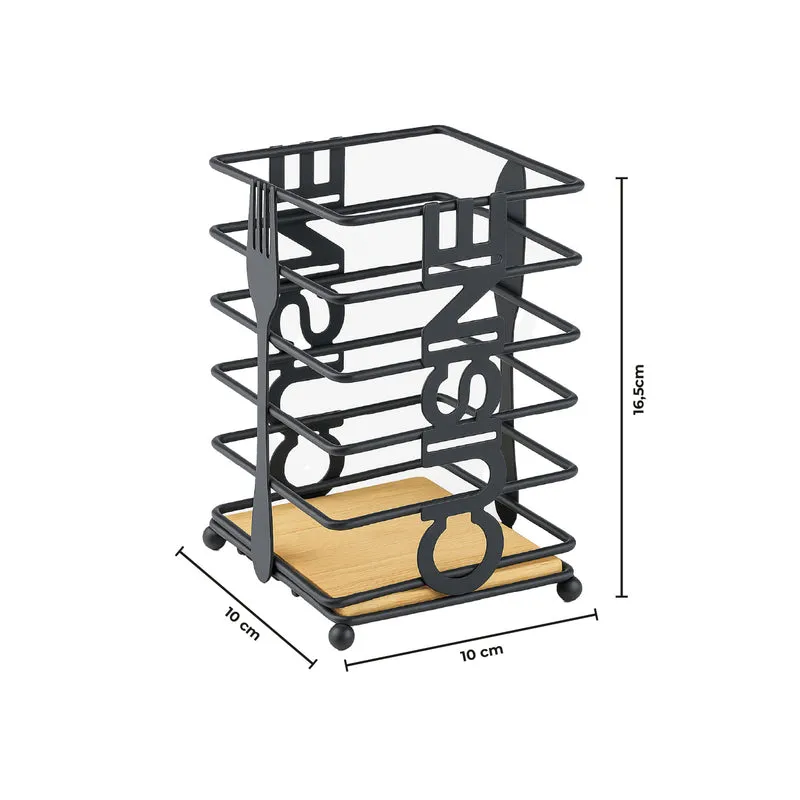 Porta Utensili da Cucina in Metallo Nero con Base in Legno Il Gruppone