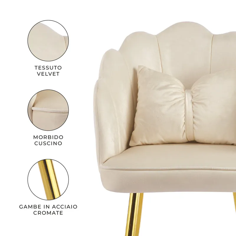 Poltroncina Elegante in Velluto con Schienale a Conchiglia e Cuscino Decorativo Il Gruppone