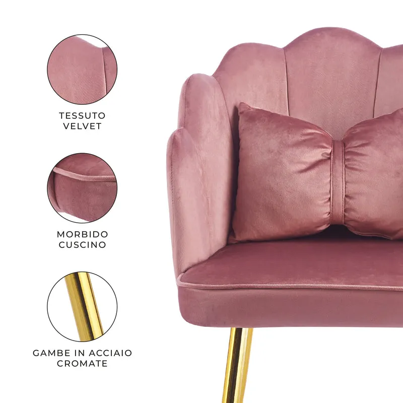 Poltroncina Elegante in Velluto con Schienale a Conchiglia e Cuscino Decorativo Il Gruppone