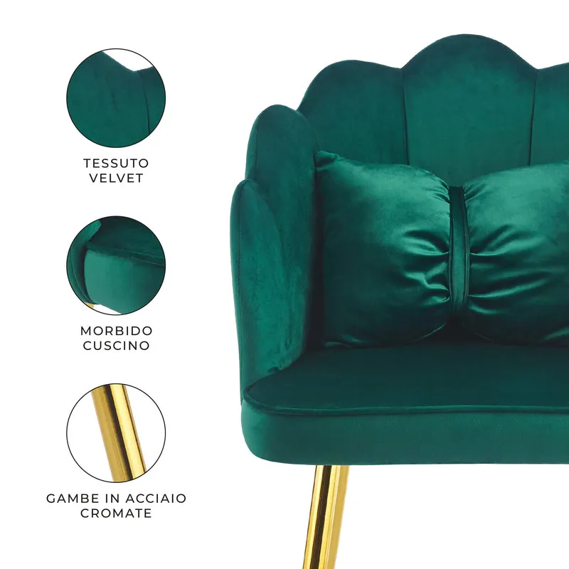 Poltroncina Elegante in Velluto con Schienale a Conchiglia e Cuscino Decorativo Il Gruppone