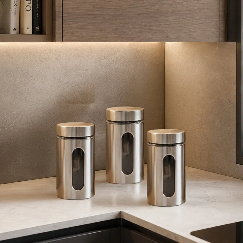 Set 3 Barattoli da Cucina in Acciaio Inox Con Finestra In Vetro Trasparente Il Gruppone