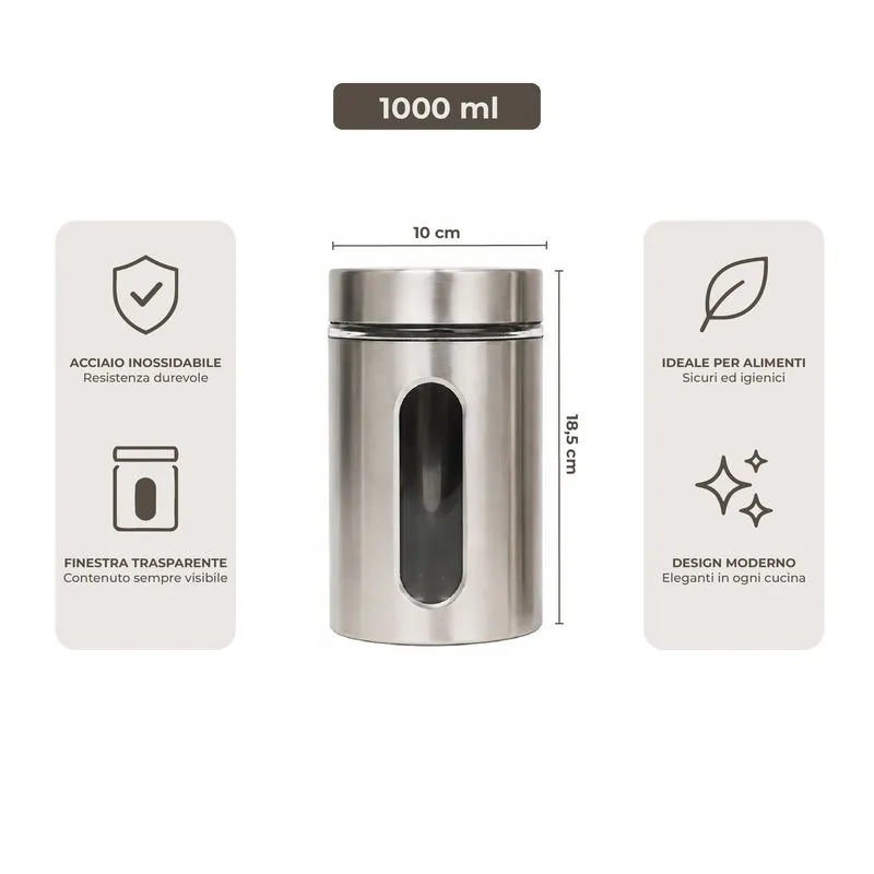 Set 3 Barattoli da Cucina in Acciaio Inox Con Finestra In Vetro Trasparente Il Gruppone