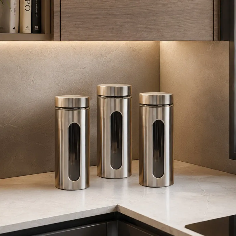 Set 3 Barattoli da Cucina in Acciaio Inox Con Finestra In Vetro Trasparente Il Gruppone
