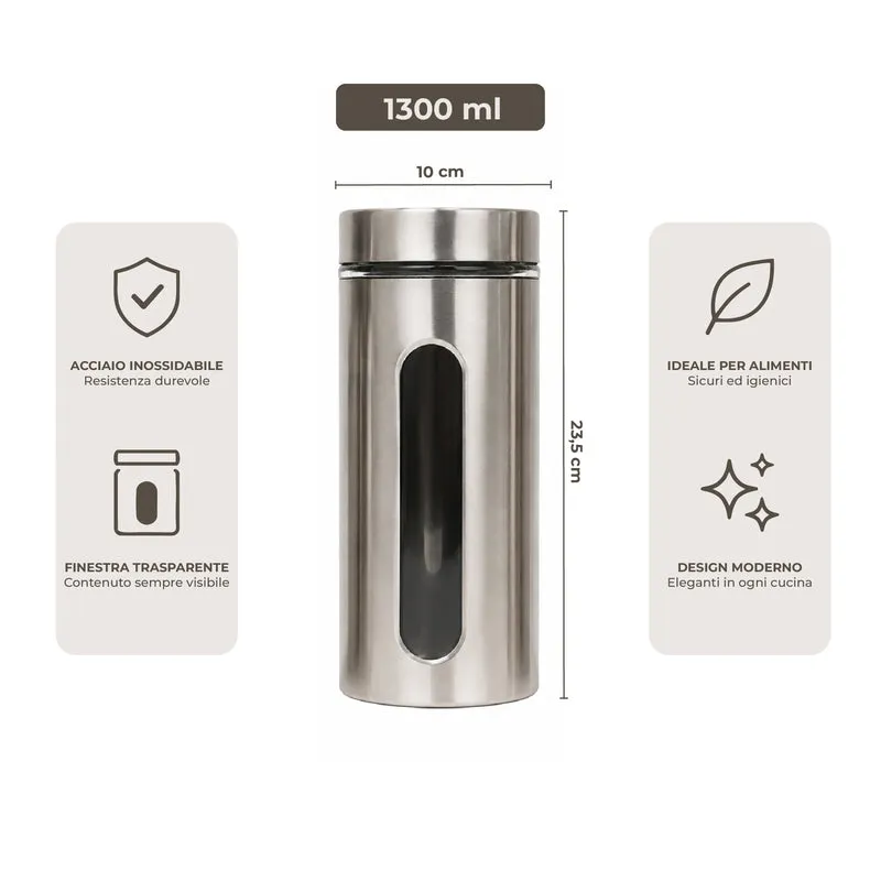 Set 3 Barattoli da Cucina in Acciaio Inox Con Finestra In Vetro Trasparente Il Gruppone
