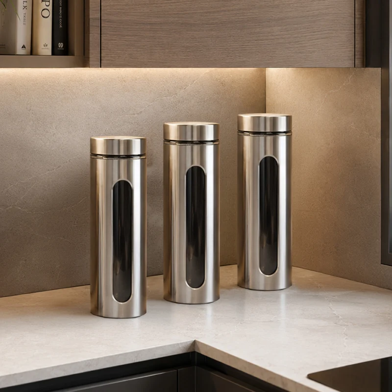 Set 3 Barattoli da Cucina in Acciaio Inox Con Finestra In Vetro Trasparente Il Gruppone